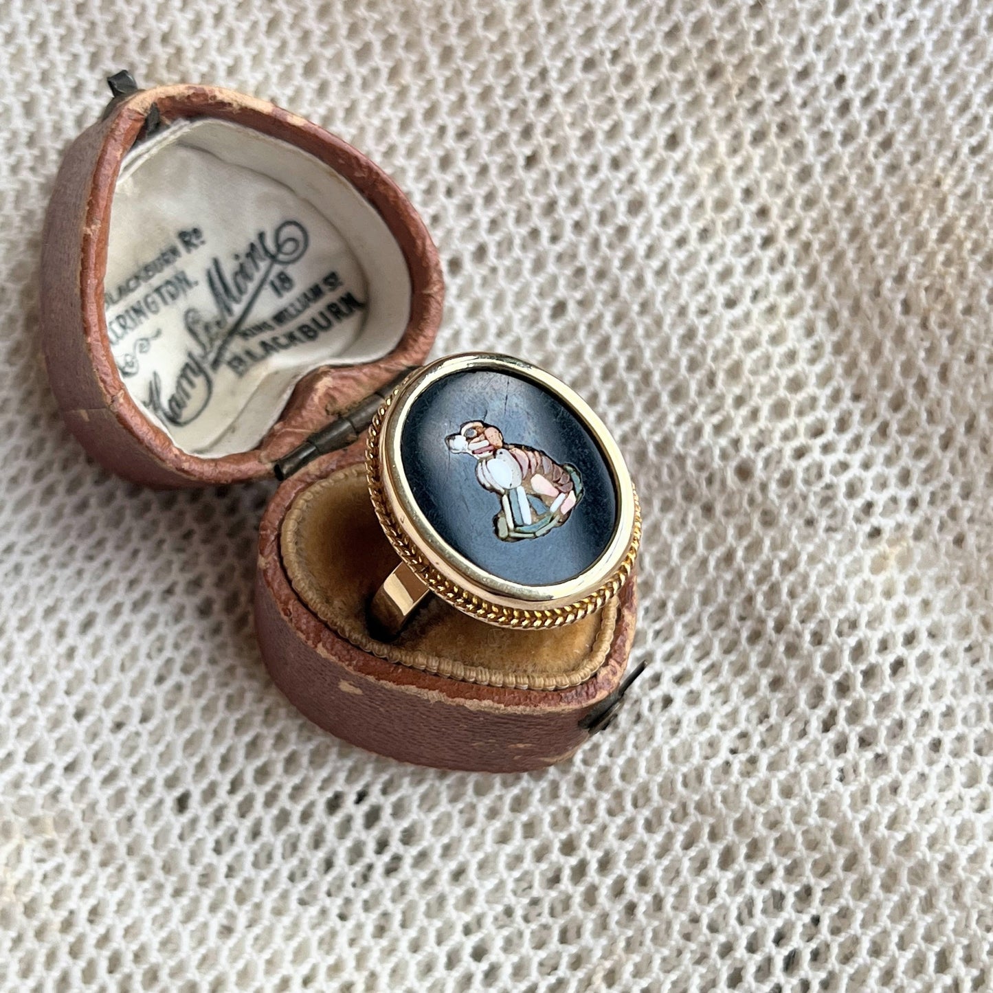 Late 19th c. 14k Gold Micromosaic Dog Conversion Ring