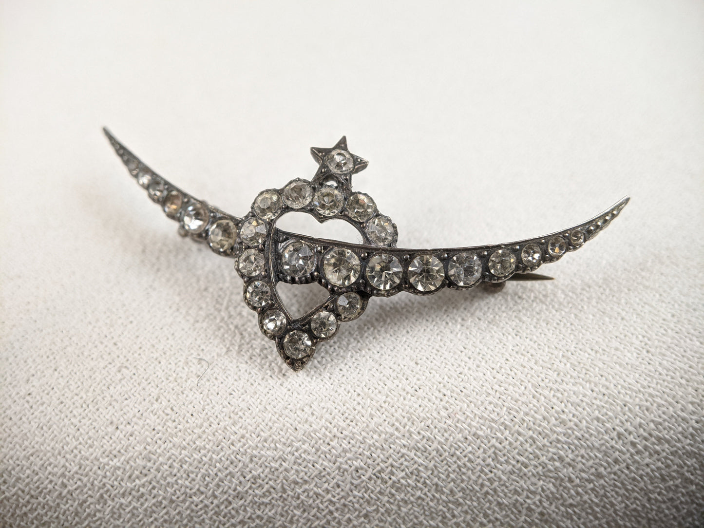 Victorian Silver Witch's Heart Crescent Moon Brooch