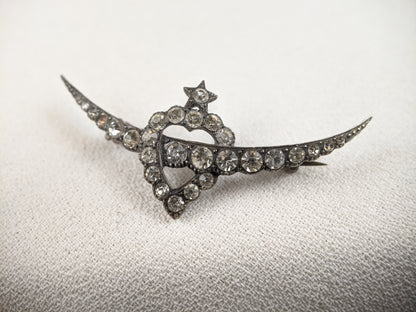 Victorian Silver Witch's Heart Crescent Moon Brooch