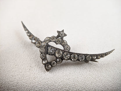 Victorian Silver Witch's Heart Crescent Moon Brooch