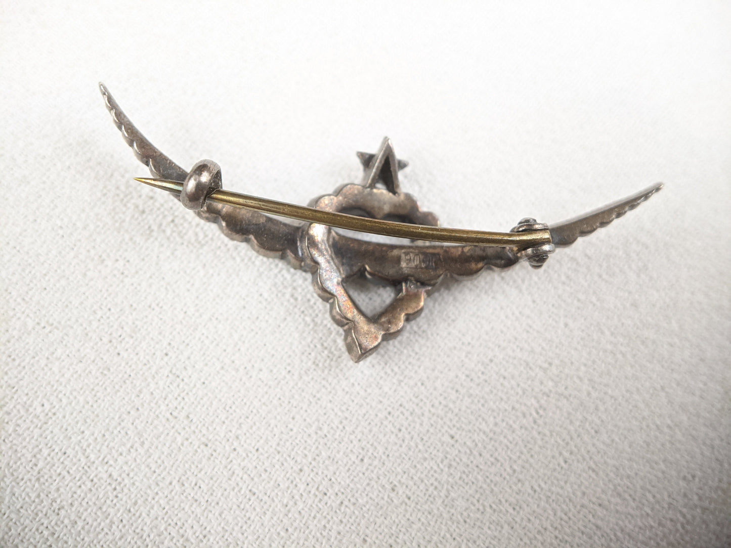 Victorian Silver Witch's Heart Crescent Moon Brooch