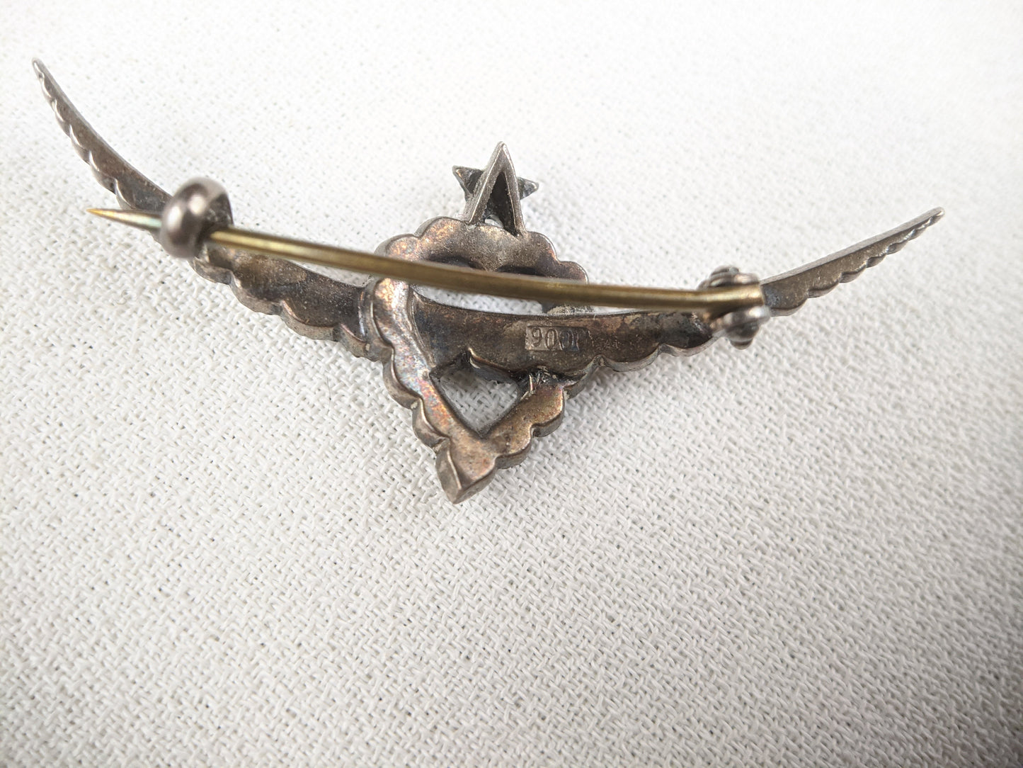 Victorian Silver Witch's Heart Crescent Moon Brooch