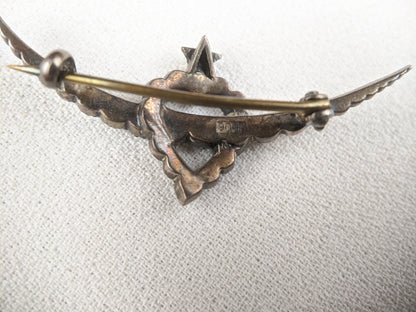 Victorian Silver Witch's Heart Crescent Moon Brooch