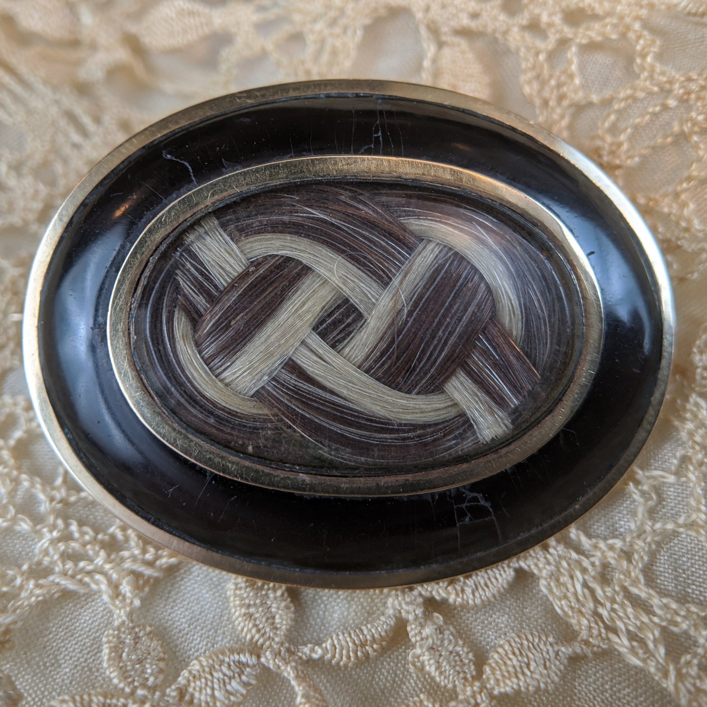 Victorian Black Enamel Two Tone Braided Hair Brooch