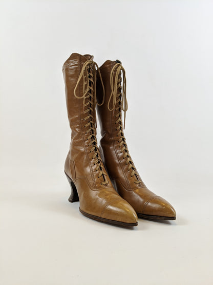 1920s Tan Lace Up Louis Heel Boots | Approx Sz 5