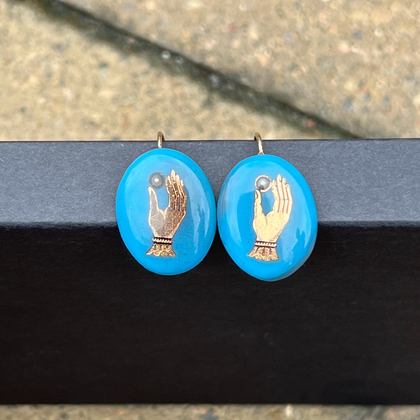 19th c. Blue Enamel 14k Gold Hand Earrings