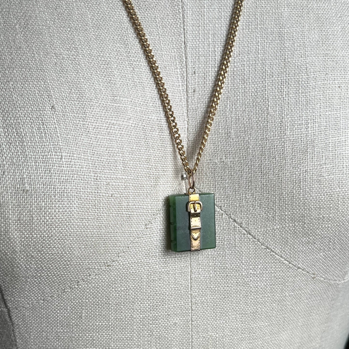 Mid-Late 19th c. Jade Book + 14k Buckle Pendant