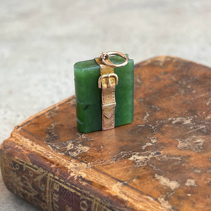 Mid-Late 19th c. Jade Book + 14k Buckle Pendant