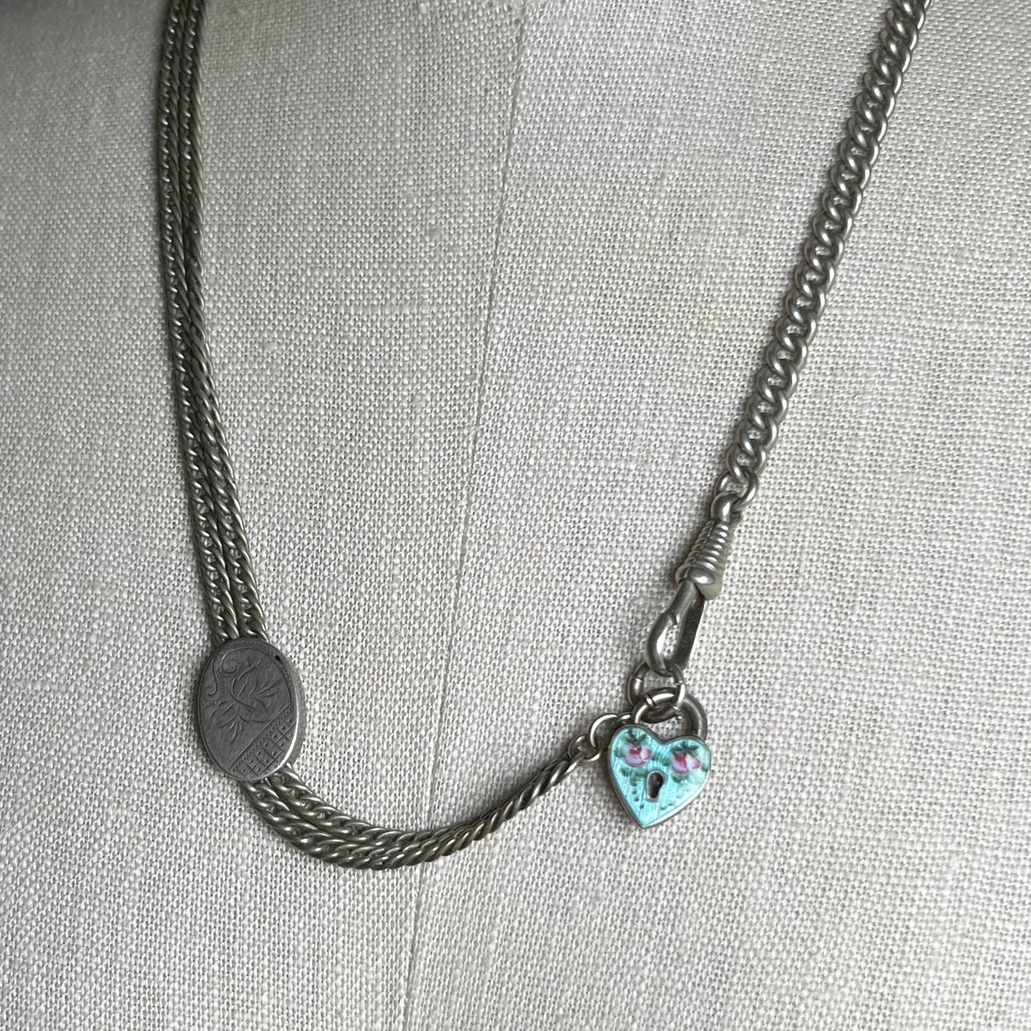 c. 1910s-1920s Sterling Silver Guilloche Enamel Heart Padlock Clasp / Pendant