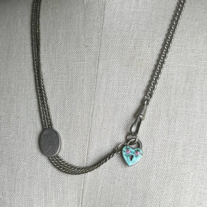 c. 1910s-1920s Sterling Silver Guilloche Enamel Heart Padlock Clasp / Pendant