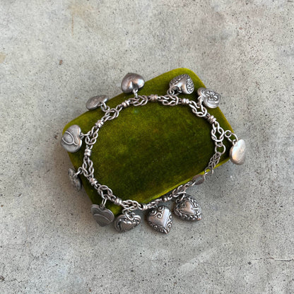 Vintage Sterling Silver Puffy Heart Charm Bracelet