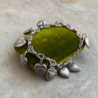 Vintage Sterling Silver Puffy Heart Charm Bracelet