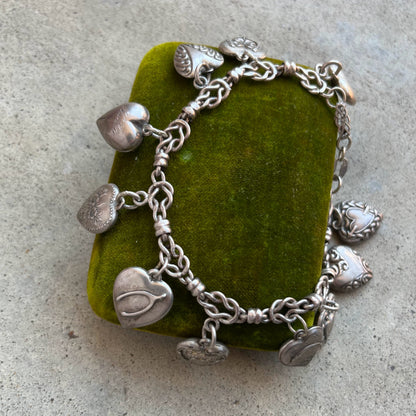 Vintage Sterling Silver Puffy Heart Charm Bracelet