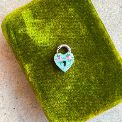 c. 1910s-1920s Sterling Silver Guilloche Enamel Heart Padlock Clasp / Pendant