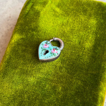 c. 1910s-1920s Sterling Silver Guilloche Enamel Heart Padlock Clasp / Pendant