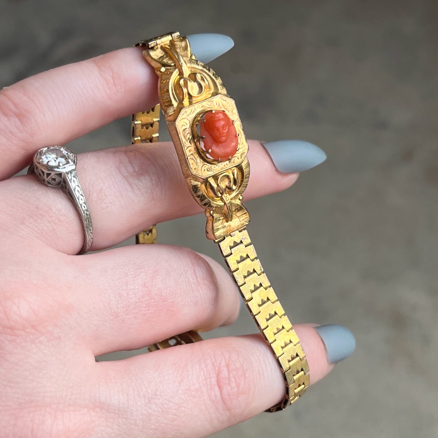 c. 1870s 18k Gold Filled Coral Cameo Bracelet