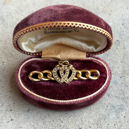 Late 19th c. 14k Gold Lover's Knot Double Heart Brooch