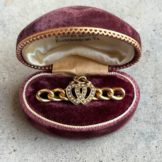 Late 19th c. 14k Gold Lover's Knot Double Heart Brooch