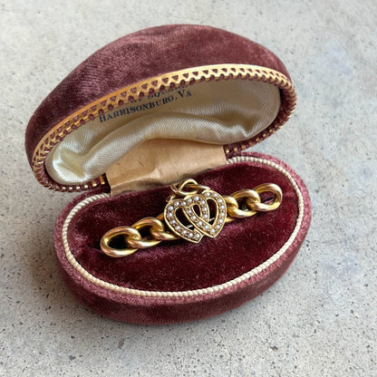 Late 19th c. 14k Gold Lover's Knot Double Heart Brooch