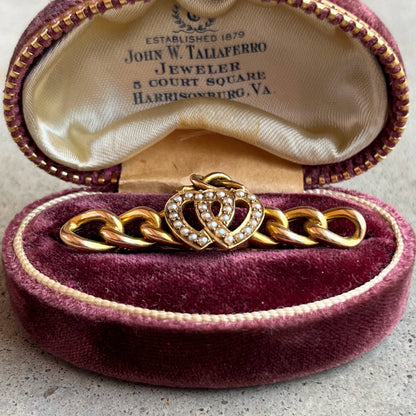 Late 19th c. 14k Gold Lover's Knot Double Heart Brooch