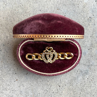 Late 19th c. 14k Gold Lover's Knot Double Heart Brooch