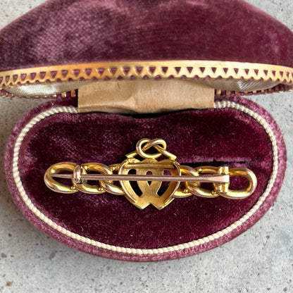 Late 19th c. 14k Gold Lover's Knot Double Heart Brooch