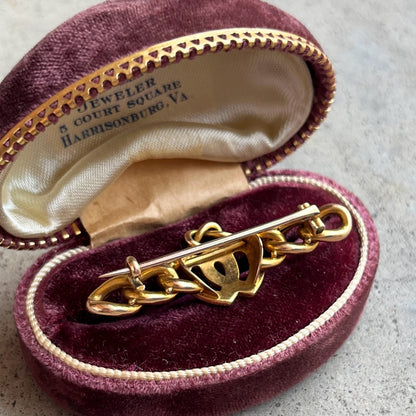 Late 19th c. 14k Gold Lover's Knot Double Heart Brooch