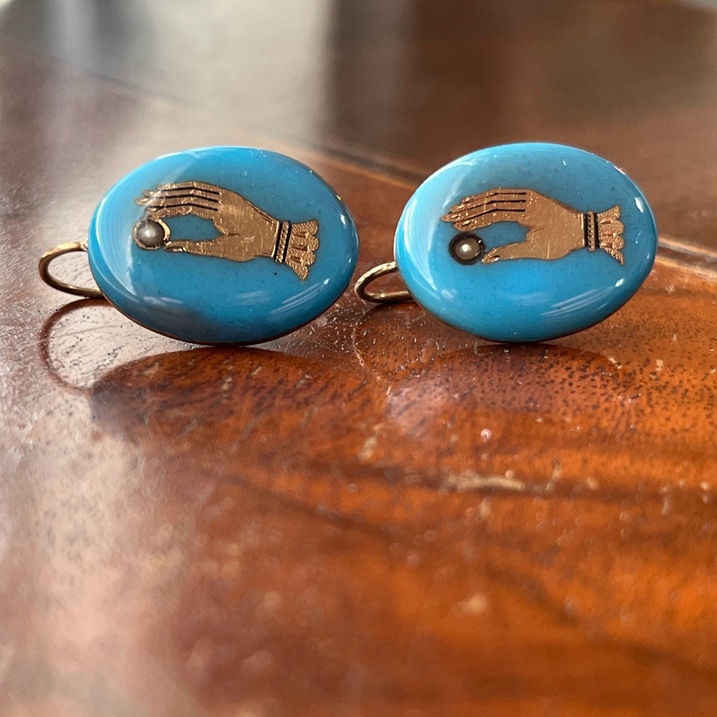 19th c. Blue Enamel 14k Gold Hand Earrings
