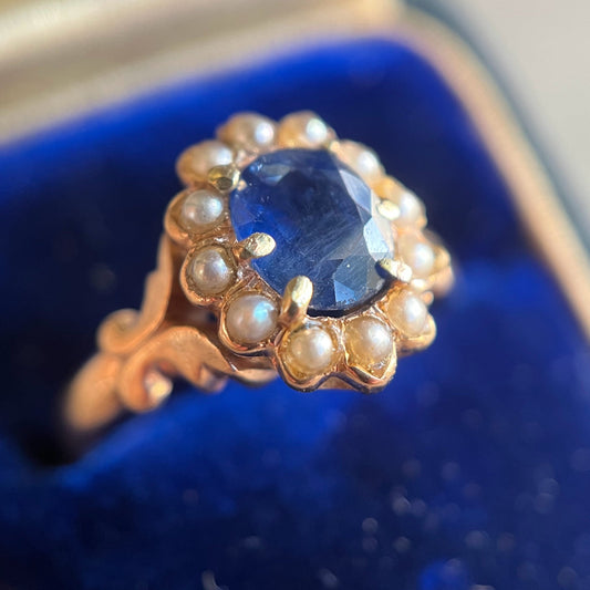 c. 1890s-1900s 12k Gold Sapphire Pearl Ring