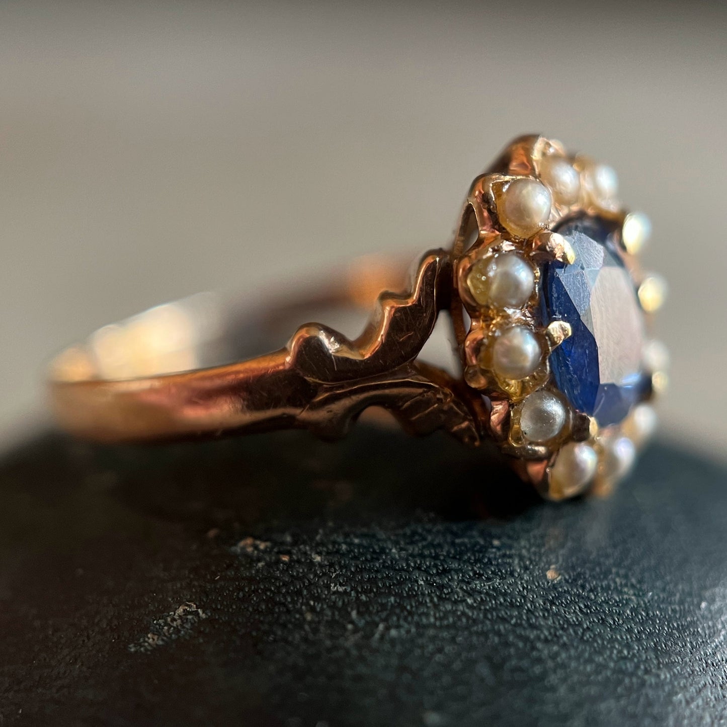 c. 1890s-1900s 12k Gold Sapphire Pearl Ring