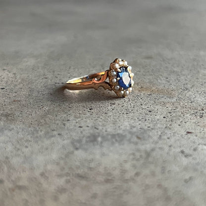 c. 1890s-1900s 12k Gold Sapphire Pearl Ring