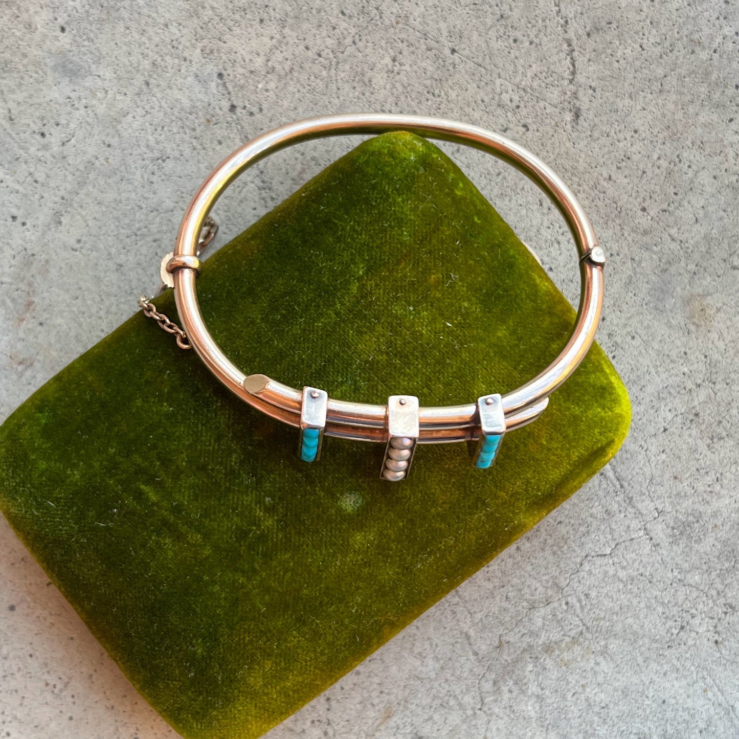 c. 1880s 14k Gold Turquoise Pearl Hinged Bangle Bracelet