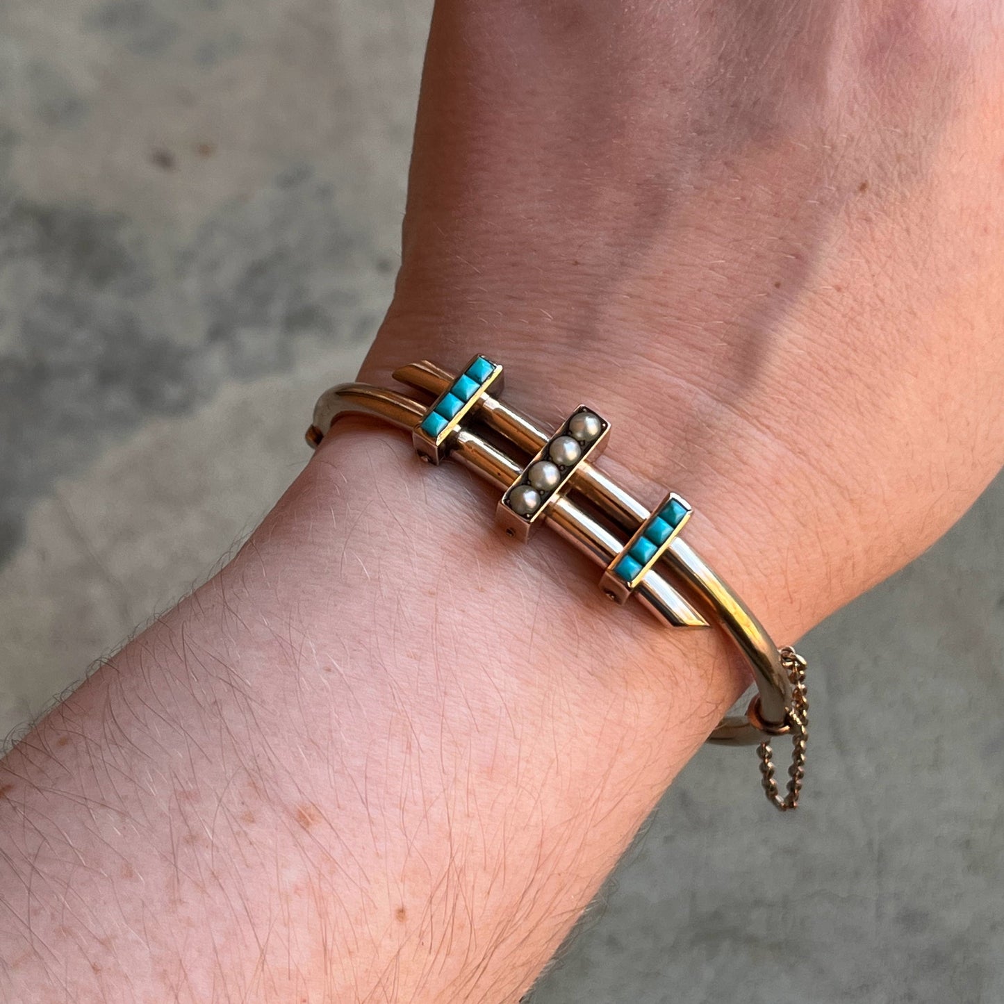c. 1880s 14k Gold Turquoise Pearl Hinged Bangle Bracelet