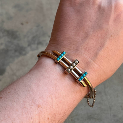 c. 1880s 14k Gold Turquoise Pearl Hinged Bangle Bracelet