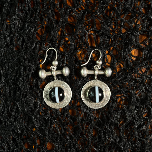 19th Century Sterling Silver Banded Agate Earrings
