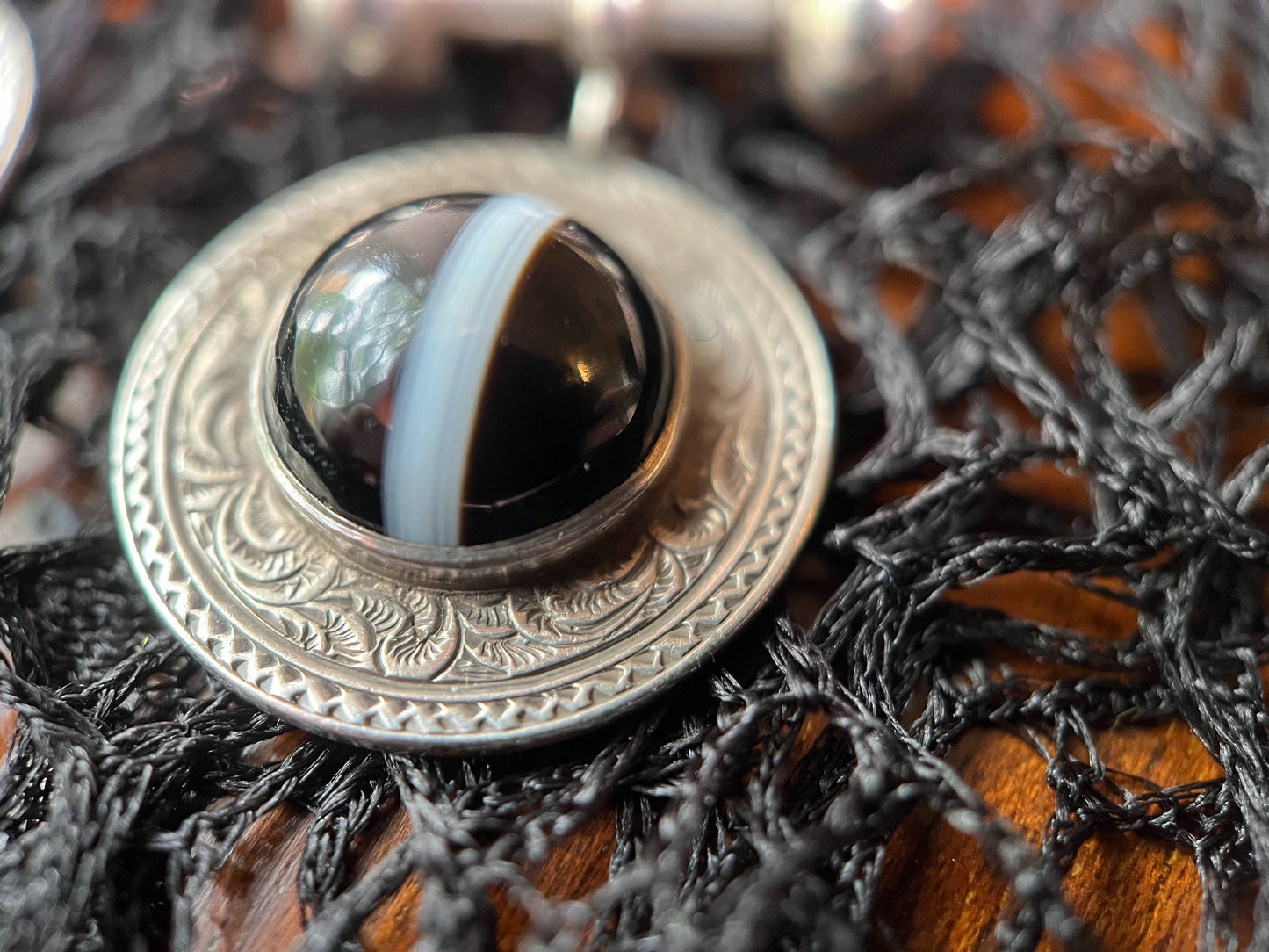 19th Century Sterling Silver Banded Agate Earrings