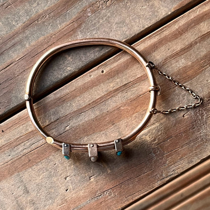 c. 1880s 14k Gold Turquoise Pearl Hinged Bangle Bracelet