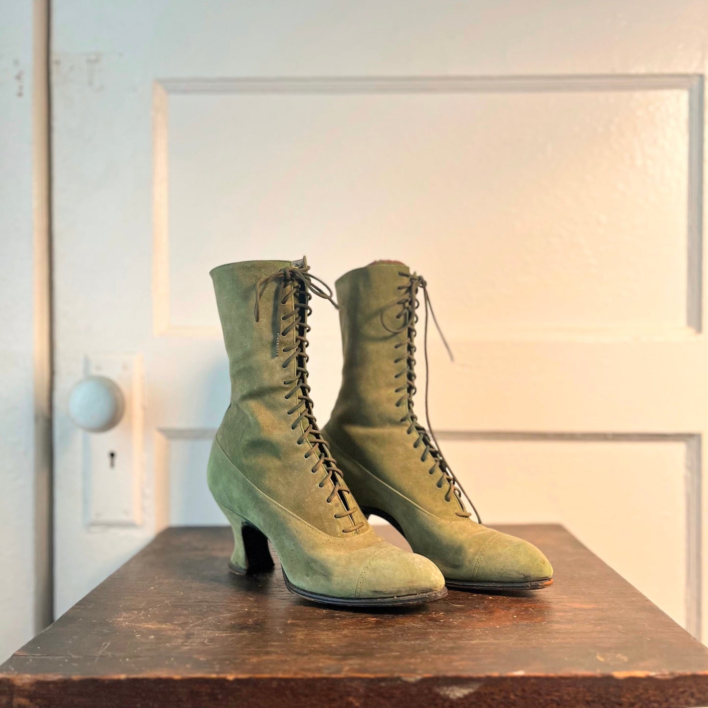c. 1910s-1920s Green Suede Booots
