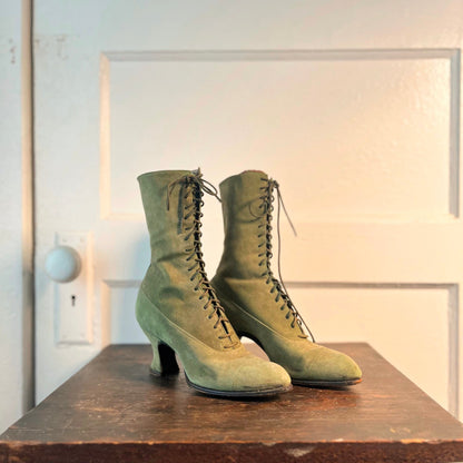 c. 1910s-1920s Green Suede Booots