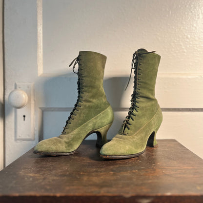c. 1910s-1920s Green Suede Booots