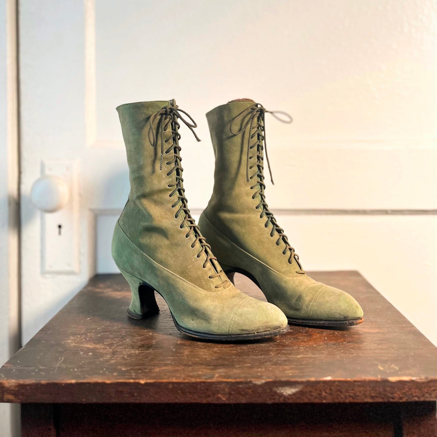 c. 1910s-1920s Green Suede Booots