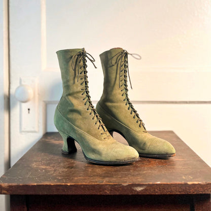 c. 1910s-1920s Green Suede Booots