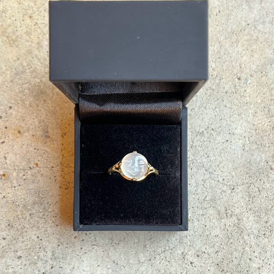 RESERVED | Estate 10k Gold Carved Moonstone Moon Face Ring