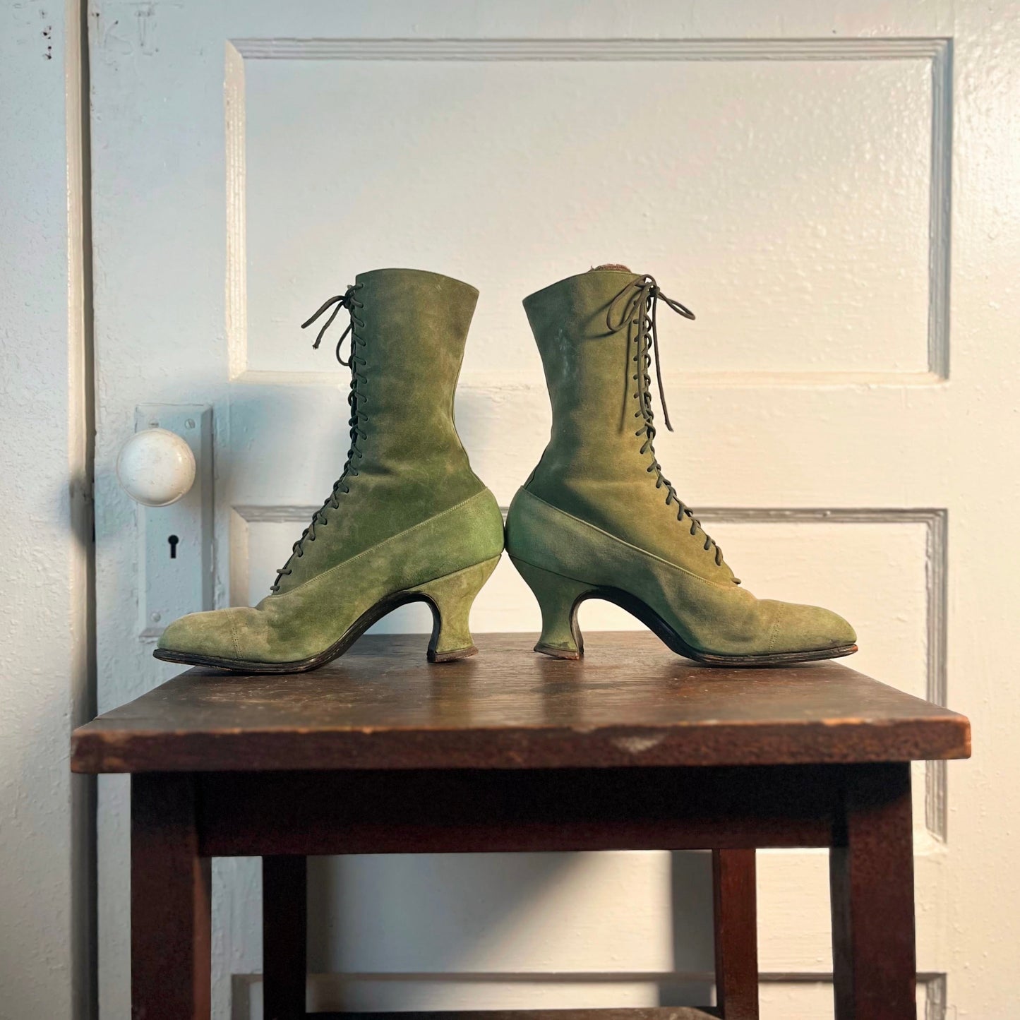 c. 1910s-1920s Green Suede Booots