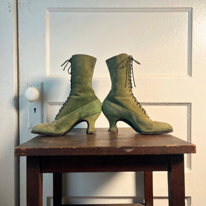 c. 1910s-1920s Green Suede Booots