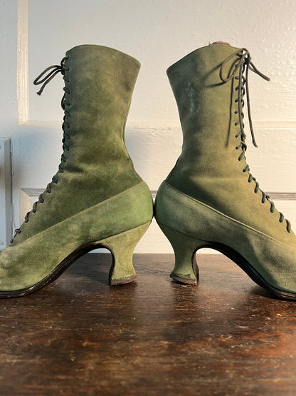 c. 1910s-1920s Green Suede Booots