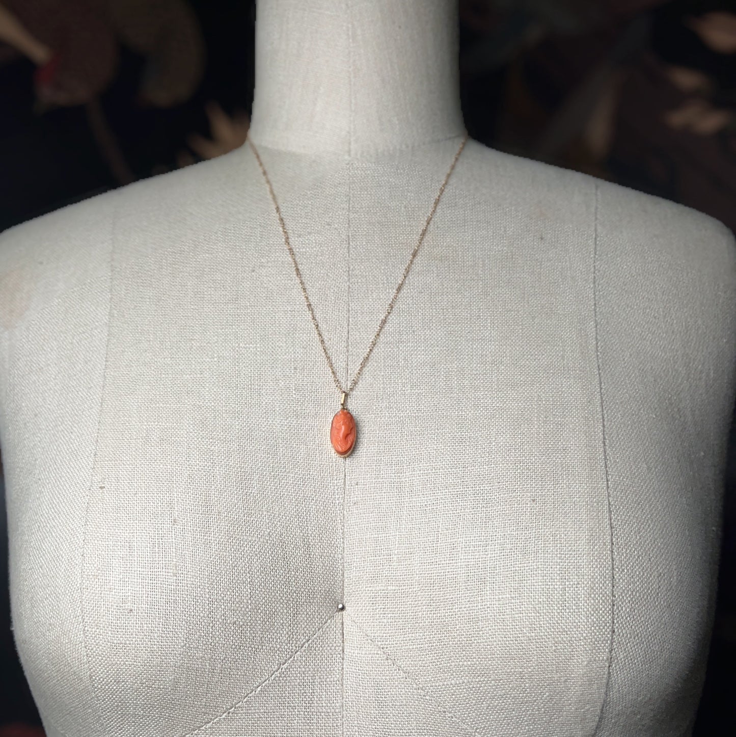 c. 1910s 14k Gold Carved Coral Goddess Diana Cameo Pendant