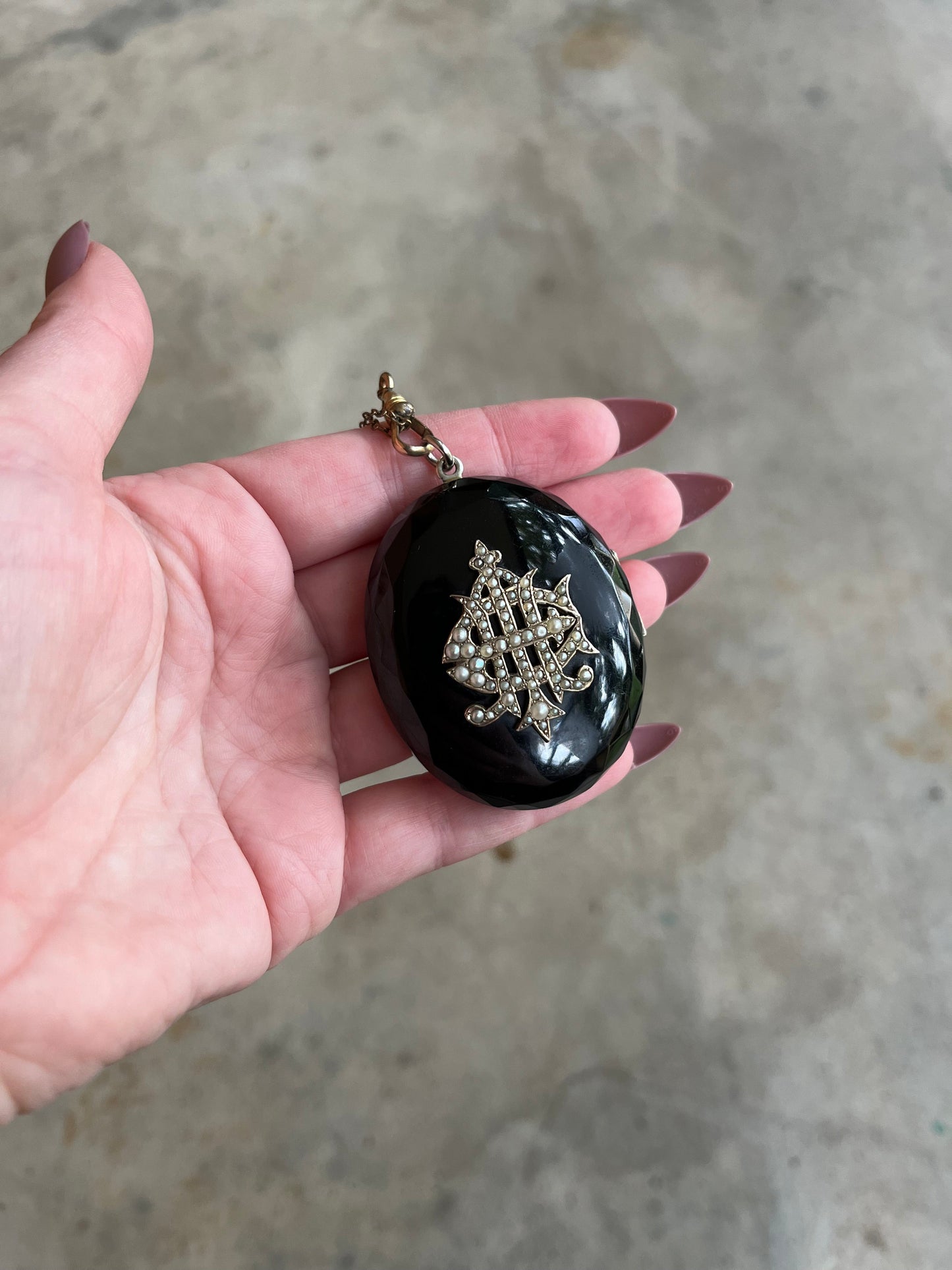 RESERVED c. 1870s-1880s Faceted Jet + Split Pearl AEI Locket