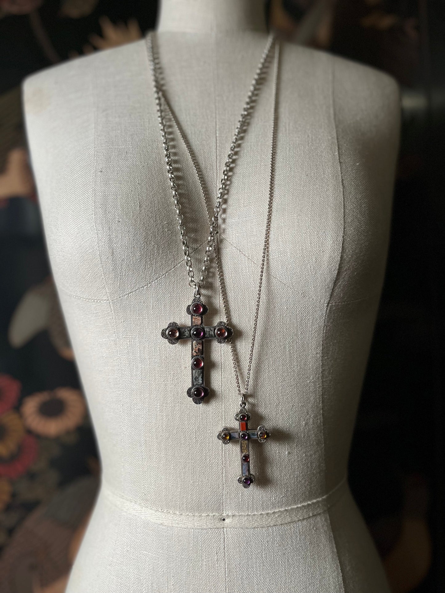 19th c. Sterling Silver Scottish Granite + Gemstone Cross Pendant