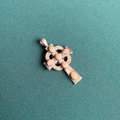 19th c. Silver Cross + Pink Shells Pendant
